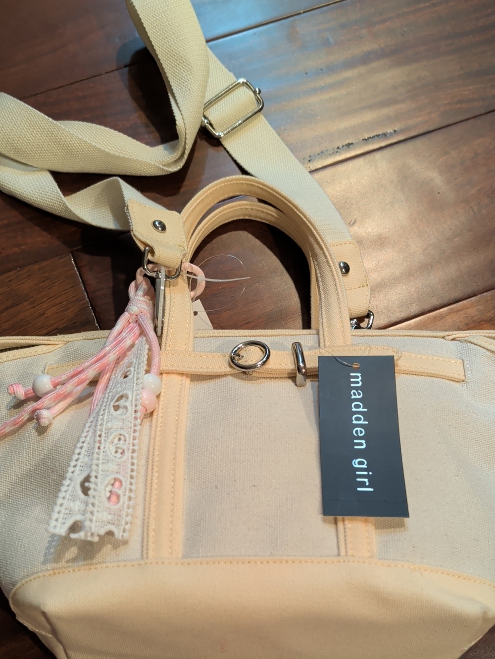 Madden Girl Cream Canvas Tote with Pink Tassel Accent